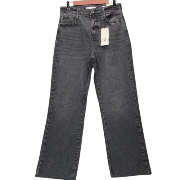 ZARA Straight Fit Jeans Women’s 8 Black High Rise Ankle Rigid Denim Pants NWT - Picture 1 of 12